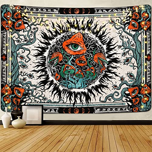 Lyacmy Mushroom Tapestry Burning Sun Tapestries Hippie Eyes Tapestry Mandala Vines Moon Phase Tapestry Wall Hanging for Room(51.2 x 59.1 inches)