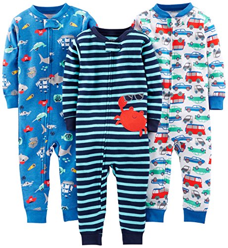 Simple Joys by Carter's Boys' 3-Pack Snug Fit Footless Cotton Pajamas, Blue Sea Life/Navy Stripe/White Cars, 24 Months