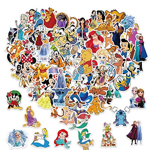 100Pcs Kids Disney Stickers Pack Princess Stickers Cute Cartoon Characters Stickers Movie Decal Childrens Decorative Sticker for Kids Teens Adults Waterproof Stickers for Water Bottle Laptop Luggage