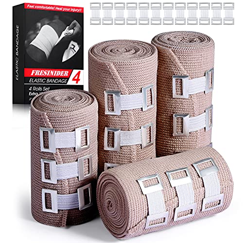 FRESINIDER Elastic Bandage Wrap 4 Pack(2 X 3' + 2 X 4' Wide Rolls) + 24 Clips | Stretch Compression Bandage Stretches up to 15ft | Ideal for Medical, Sports, Sprains, Calf, Ankle & Foot