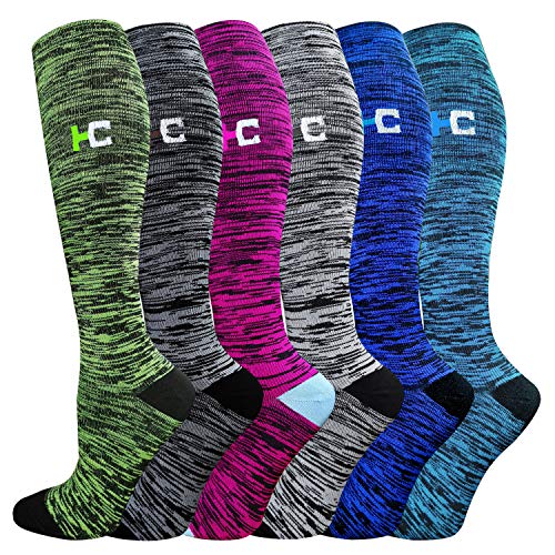 6 Pairs Graduated Compression Socks for Women&Men 20-30mmhg Knee High Socks Travel Hiking Running Stocking(Multicoloured,Small/Medium(US SIZE))