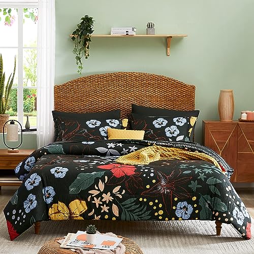 CASAAGUSTO Queen Comforter Set, 8 PCS Black Floral Comforter Set with Flowers Leaves Pattern, Soft Seersucker Design All Season Microfiber Bedding Set with Decor Pillow （90'X90'）