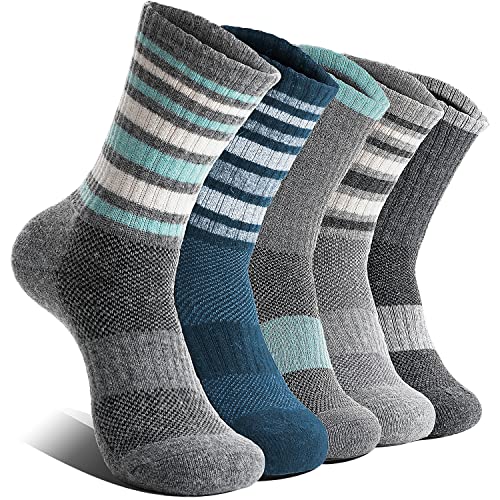 EBMORE Womens Merino Wool Hiking Socks Thermal Warm Winter Boot Crew Cushion Work Gift Socks 5 Pairs(Striped-B,M)