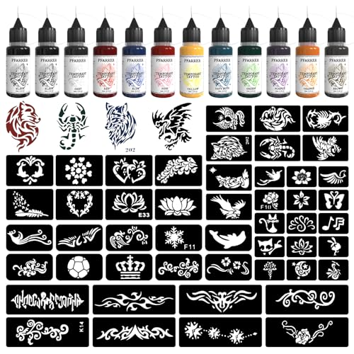 PFARRER Temporary Tattoo Kit12 Bottles Color Temporary Tattoo Ink,49 Big Pcs Stencils Kit for Body Paint DIY Fake Tattoos for Kids(Black*2,Red,Green,Blue,Pink,Grey,Navy,Yellow,Purple,Brown,Orange)