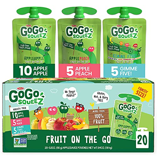 GoGo squeeZ Fruit on the Go Variety Pack, Apple, Peach & Gimme Five!, 3.2 oz (Pack of 20), Unsweetened Fruit Snacks for Kids, Gluten Free, Nut Free and Dairy Free, Recloseable Cap, BPA Free Pouches