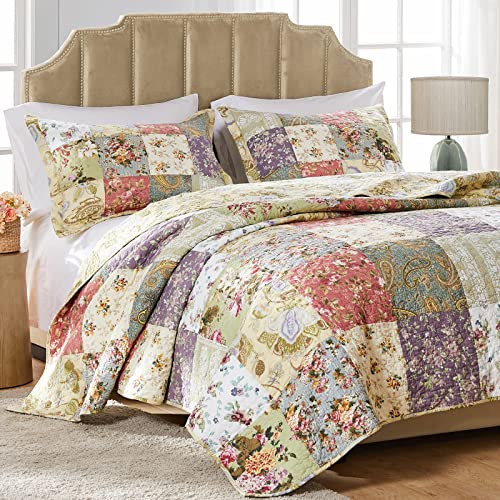 5pc Cottage Country Floral Patchwork Reversible Cotton Quilt Set Full/Queen Size