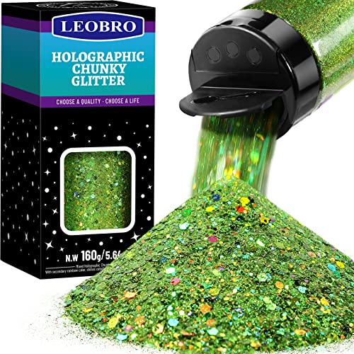 LEOBRO Lime Green Glitter, 160G/5.64OZ Glitter, for St Patricks Day Decor, Holographic Chunky Glitter, Craft Glitter for UV Resin, Glitter for Nails Body, Glitter Tumbler Making, DIY Art and Crafts