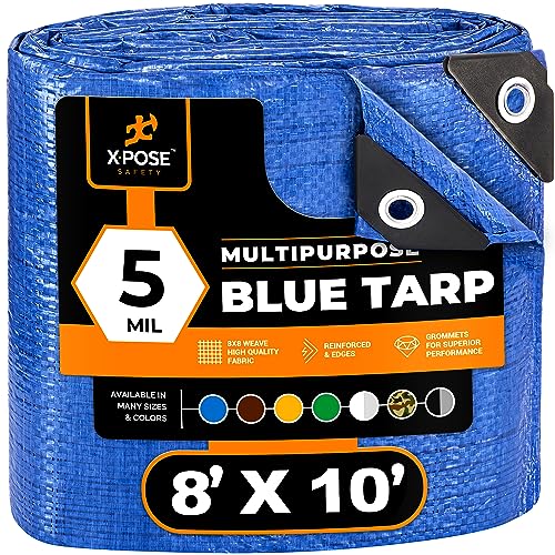 Better Blue Poly Tarp 8' x 10' - Multipurpose Protective Cover - Lightweight, Durable, Waterproof, Weather Proof - 5 Mil Thick Polyethylene - by Xpose Safety