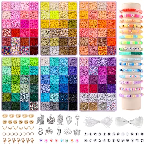 QUEFE 14000 PCS 136 Colors Clay Beads Bracelet Making Kit 6 Boxes Friendship Bracelet Kit Flat Polymer Clay Beads Spacer Heishi Beads for Jewelry Making with Pendant Charms Kit for Girls Ages 6-12