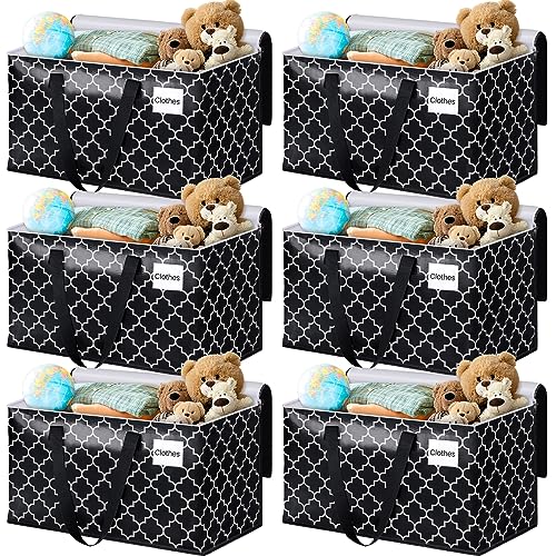 HomeHacks Storage Bags, Heavy Duty Moving Bags, Moving Boxes with Tag Pockets, Zippers & Carrying Handles, Collapsible Storage Totes for Storing, Camping, Packing & Moving Supplies, Black 88L, 6 Pack