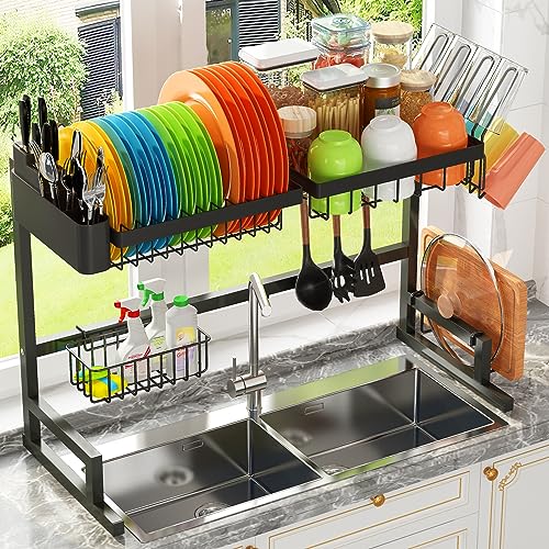 ADBIU Over The Sink Dish Drying Rack (Expandable Height and Length) Snap-On Design 2 Tier Large Dish Rack Stainless Steel (24' - 35.5' L x 12' W x 19' - 22' H)