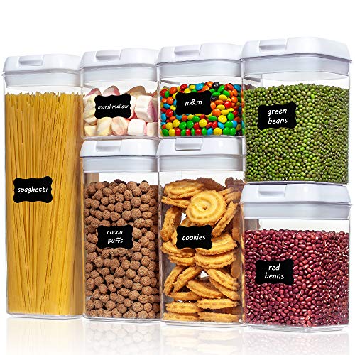 Vtopmart Airtight Food Storage Containers, 7 Pieces BPA Free Plastic Cereal Containers with Easy Lock Lids, for Kitchen Pantry Organization and Storage, Include 24 Labels, White