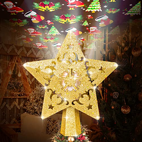 Christmas Tree Topper, Gold Star Christmas Tree Topper Lighted with 3D Rotating Santa,LED Hollow Glitter Projector,Christmas Tree Topper for Christmas Tree Decorations