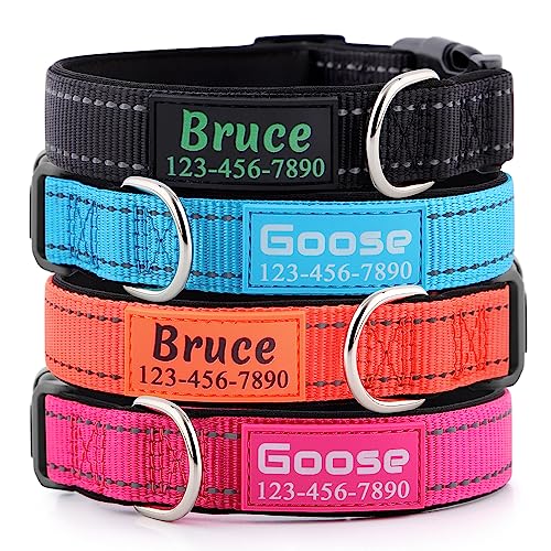 Personalized Dog Collars Custom with Pet Name and Phone Number, Soft Neoprene Padded Reflective Nylon Collar, 4 Adjustable Sizes - for Boy, Girl Dogs