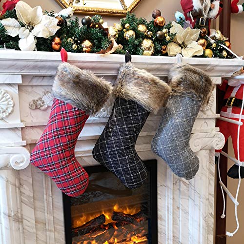 WEWILL 19'' Buffalo Plaid Christmas Stocking Decoration with Faux Fur Cuff Themed with Xmas Holiday Party Fireplace Decor Gifts for Family