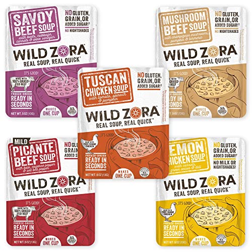 Wild Zora Instant Keto-Friendly Soups 5-Pack Variety, Broth Made with Grass-Fed Beef, Free-Range Chicken, and Vegetables, Gluten-Free, Low Carb, No Added Sugar, Flavorful Pantry Staples - 0.5oz/13g