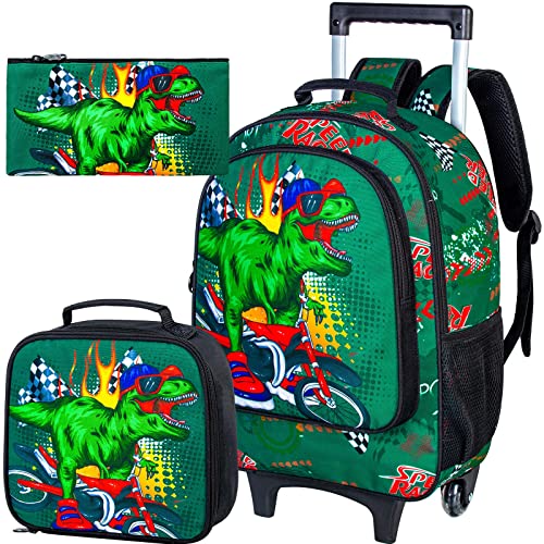 KLFVB Kids Rolling Backpack for Boys, Dinosaur Roller Wheels School Bag with Lunch Bag, Wheeled School Bookbag for Children