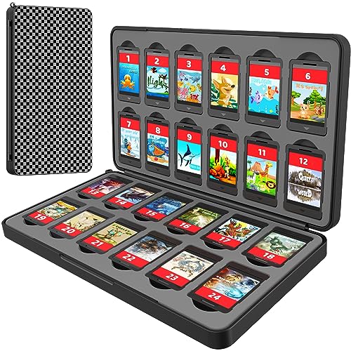 Switch Game Case Storage 24 Games Card and 24 Micro SD Cartridge Slots, Switch Game Holder for Nintendo Switch/OLED/Lite, Portable Switch Game Card Case with Magnetic Closure, Plaid Grey Black
