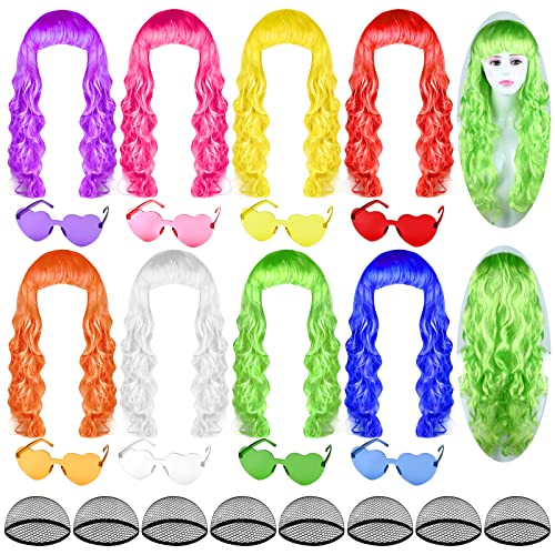 Bouiexye 24 Pieces Colorful Long Curly Wigs Long Colorful Wigs Wavy Party Wigs Curly Cosplay Costume Wig for Women Party Décor Bachelorette Party