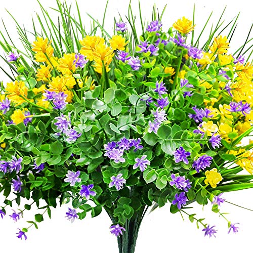 CEWOR 9pcs Artificial Flowers, UV Resistant Faux Outdoor Flowers, Fake Plastic Flowers for Cemetery Decoration Home Kitchen Bedroom Wedding Party Decor (Yellow, Purple, Green)