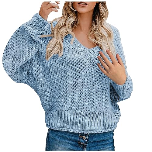 Womens Black of Friday Deals 2023 Women's Batwing Sleeve V-Neck Sweaters Winter Loose Knitted Sweater Pullovers Tops Fall Outfits 2023 Winter Clothes Vintage Sweaters Blue XL