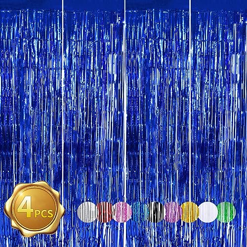 BEISHIDA 4 Pcs Blue Door Streamers Tinsel Curtain Party Backdrop Fringe Foil Wall Background for Birthday Halloween Christmas Wedding Mermaid Boys Babyshower Party Decoration(3.28 ft x 6.56 ft)
