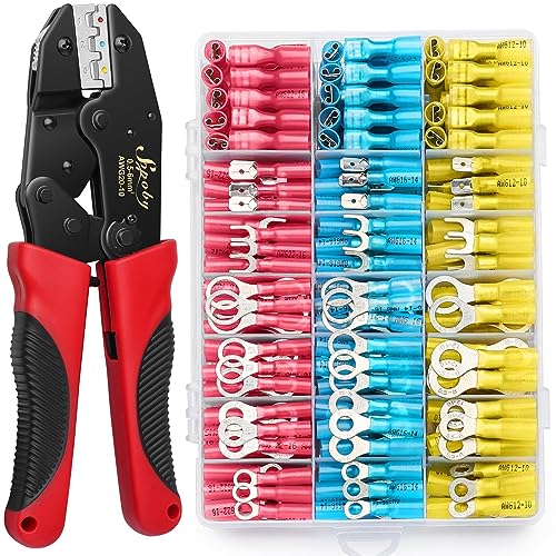 Sopoby Crimping Tool For Heat Shrink Connectors with 300PCS Marine Grade Heat Shrink Wire Connectors - Tinned Red Copper - Electrical Crimping Tool - AWG 22-10 Electrical Ring Fork Spade Splice