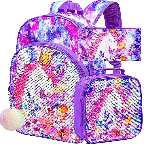 CCJPX 3PCS Girls Backpack, 16” Kids Unicorn Sequin Bookbag and Lunch Box for Kindergarten Elementary