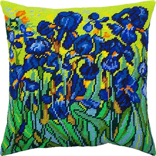 Irises by Vincent Van Gogh. Needlepoint Kit. Throw Pillow 16×16 Inches. Printed Tapestry Canvas, European Quality