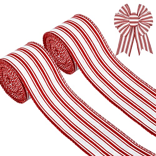 Whaline 2 Rolls Christmas Wired Edge Ribbon Christmas White Red Striped Fabric Ribbon Farmhouse Craft Ribbon for DIY Gift Wrapping Wreath Floral Arrangement Bow Decoration,2.5 Inch x 12 Yard