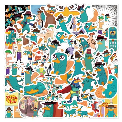 50pcs Perry The Platypus Stickers for Water Bottles, Phineas and Ferb Cartoon Character Stickers for Kids Teens, Funny Laptop Phone Scrapbook Notebook Bike Lugagge Skateboard Decals