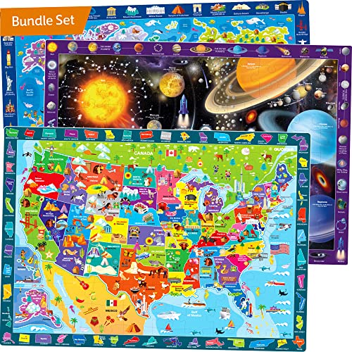 QUOKKA 100 Piece Puzzles for Kids Ages 4-6 – 3 Pack Floor Puzzles for Kids 8-10 Year Old – Learning Games World Map & Space 5-7 – United States Educational Puzzles for Toddlers 3-5