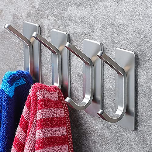 YIGII Towel Hook/Adhesive Hooks - Wall Hooks for Coat/Robe/Towels Stick on Bathroom/Kitchen 4-Pack, Stainless Steel
