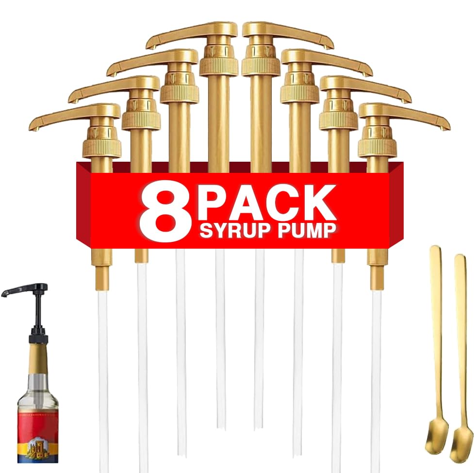 DupakSYS Premium 8 Packs Coffee Syrup Pump Dispenser, Fits 25.4 Oz/750ml Coffee Flavoring Syrup Bottles, No Dripping, Great for Home & Coffee Bar Drinking Mixes,Tea,Beverage,Free Spoons(Gold,5.23')