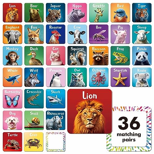 Hebayy 72 PCS Memory Matching Game, Real Animal Matching Cards for Toddlers 36 Pairs Memory Cards for Preschool 4 5 6 Years Old