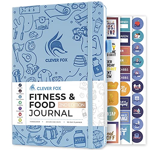 Clever Fox Fitness & Food Journal – Nutrition & Workout Planner for Women & Men – Diet & Gym Exercise Log Book with Calendars, Diet & Training Trackers - Undated, A5 Size, Hardcover (Light Blue)