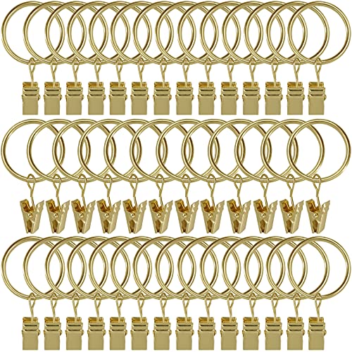 AMZSEVEN 40 Pack Curtain Rings with Clips, Drapery Clips Rings, Hangers Drapes 1.26 Inch Interior Diameter, Fits up to 1 Rod, Gold Color