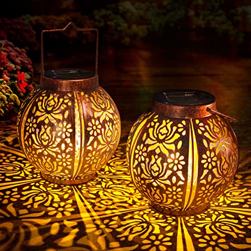 pearlstar 2 Pack Solar Outdoor Lanterns Waterproof, Metal Decorative Garden Hanging Lantern Decorations Lights