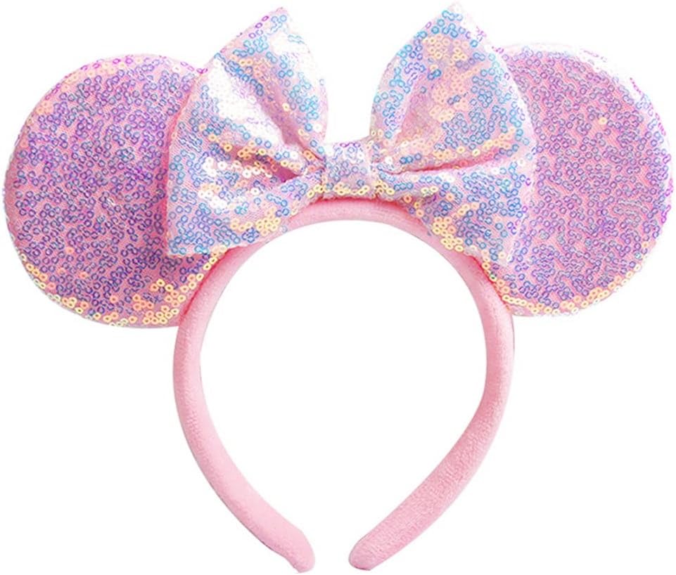 Unisex Mouse Ears Headbands With Bow & Snowflake & Sequins, for Cartoon Princess Costume Cosplay Decoration, Glitter Christmas Party for Girls & Women & Adult; FG1 (Soft Flannel Pink)
