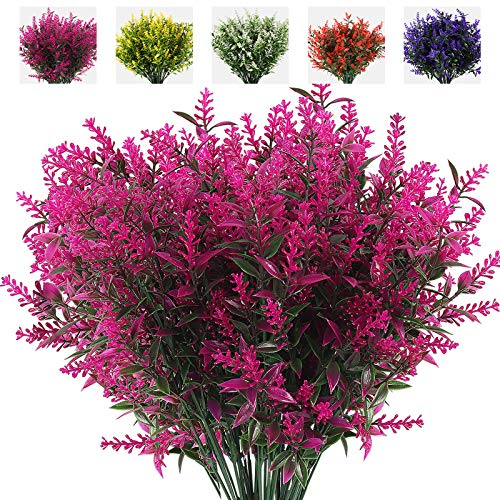 RECUTMS 8 Bundles Artificial Flowers Fake Outdoor Plants Faux UV Resistant Lavender Flower Plastic Shrubs Indoor Outside Hanging Decorations (Fuchsia)