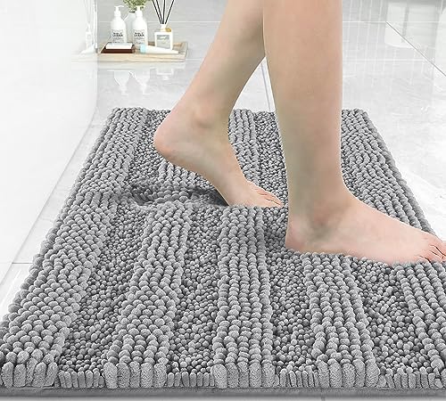 Yimobra Bathroom Rug Mat, Extra Thick and Super Absorbent Bath Rugs, Non Slip Quick Dry Bath Mats, Luxury Microfiber Chenille Plush Fluffy Washable Soft Shower Carpet for Floor, 24' x 17', Light Grey