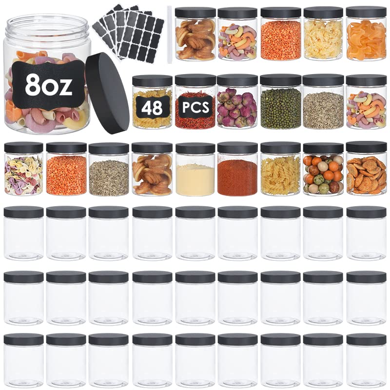 NOIRUC-CZ Jars with Lids, 48pcs 8 oz Plastic Containers with Lids Pen Labels Leak Proof BPA Free Airtight Refillable Clear Small Containers Storage Jars for Storing Dry Food Makeup Slime Honey Jam