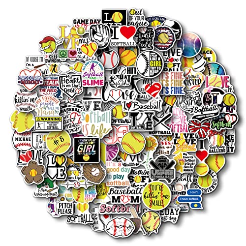 AOWDIAO 100 Pieces Softball Stickers, Vinyl Softball Stickers for Water Bottle, Softball Gifts, Softball Party Favors, Softball Stuff