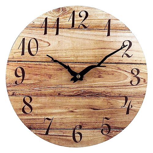 Plumeet Extra Large Wall Clock, 16'' Frameless Wooden Wall Clocks with Silent Quartz Movement, Rustic Country Village Walnut Clocks Decorative for Kitchen Bedroom Living Room, Brown