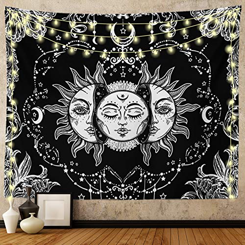 Ftuency Sun and Moon Tapestry, Black and White Tapestries Mystic Burning Sun with Star Wall Hanging decor for Bedroom (59' W x 51' L)