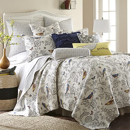 Levtex Home - Mockingbird Quilt Set - Full/Queen Quilt 88x92in. + Two Standard Pillow Shams 26x20in. - Grey Toile with Birds and Butterflies - Reversible - Cotton