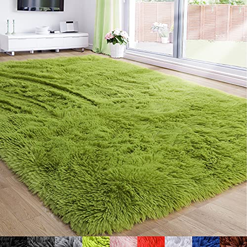 Grass Green Area Rug for Bedroom,4'X6',Fluffy Shag for Living Room,Furry Carpet for Kids Room,Shaggy Throw Rug for Nursery Room,Fuzzy Plush Rug,Green,Rectangle,Cute Room Decor for Baby