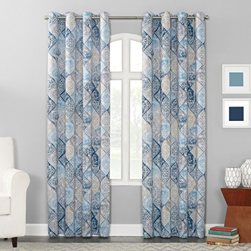 Sun Zero Reardon Global Medallion Print Energy Efficient Grommet Curtain Panel, 54' x 84', Indigo