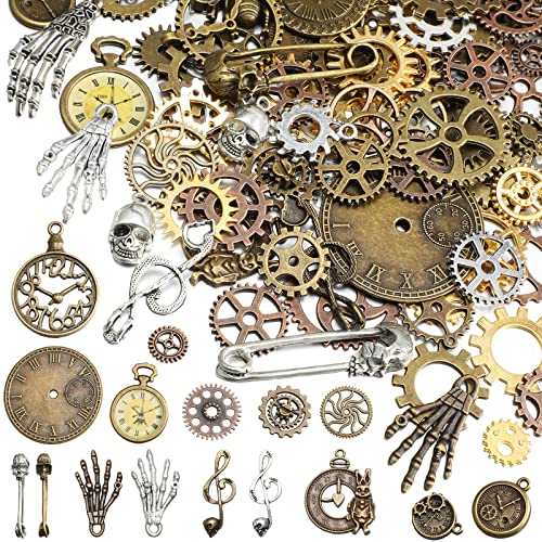 Hicarer 300 Gram Antique Steampunk Gear, DIY Assorted Mix Steampunk Wheel Alloy Cog Gear Pendants Charms Metal Watches Clocks Skull Charms for Crafting Jewelry Making Decor (Simple Style)