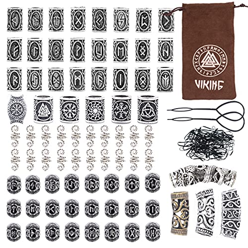 Modpion 81Pcs Hair Tube Beads Norse Vikings Runes Hair Beard Beads for Bracelets Pendant Necklace DIY,Braiding Beads for Hair Braids Viking Beads Kits(Include 2Pcs Pull Hair Pin & Viking Suede Bag)